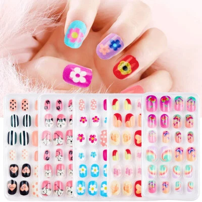24PCS Kids Childrens Girls Fake Stick Press On False Finger Nails Cover Decor UK - Image 1 of 4