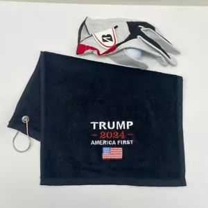 TRUMP 2024 AMERICA FIRST, Black Golf Towel Embroidered With American Flag - Picture 1 of 2