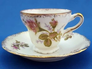 UCAGCO Moosrose Demitasse Tasse und Untertasse rosa Blumen Goldrand Mid Century - Bild 1 von 11
