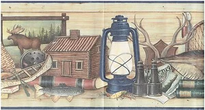 * LAMPS WOODEN DUCKS NETS BOOKS RODS NATURE Wallpaper bordeR Wall decor CABIN - Picture 1 of 3