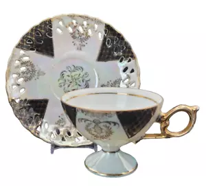Reticulated Iridescent Mother of Pearl made in Japan Pillar Teacup & Saucer set - Picture 1 of 20