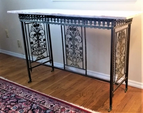 Antique OSCAR BACH CONSOLE TABLE, Brass - Bronze Marble Top SOFA TABLE MCM DECO Cover