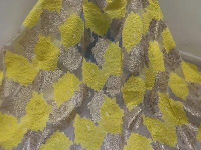 YELLOW GOLD WHITE Metallic Brocade ORGANZA Fabric 58” Width Sold By The Yard - Image 1 of 4