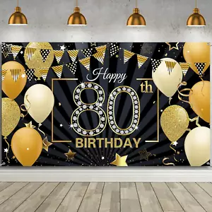 Happy 80Th Birthday Backdrop Banner Extra Large Black and Gold 80Th Birthday Pho - Picture 1 of 12