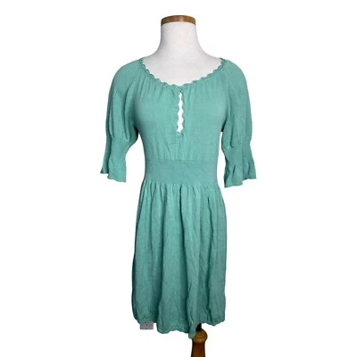 Nanette Lepore Eyelet Keyhole Scoop Neck Ruffle 1/2 Sleeve Dress Mint S Small - Image 1 of 4