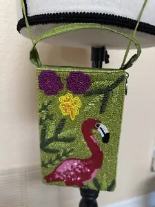 BAMBOO TRADING HAND BEADED PINK FLAMINGO CLUB BAG CELLPHONE CROSSBODY WRISTLET - Picture 1 of 5