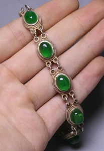 21CM Old China Miao Silver Mosaic Green Jade Jewelry Bracelet Bracelets - Picture 1 of 6
