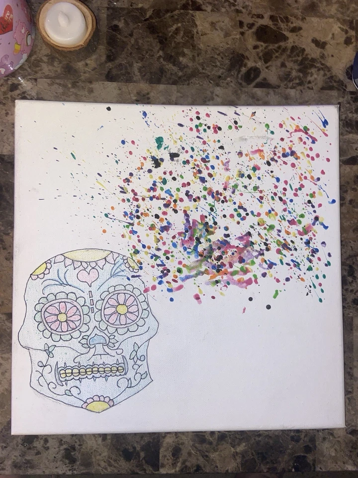 Nueva obra de arte de calavera de azúcar hecha a mano “Confeti de grúa” sobre lienzo, 12x12” Foto 1 de 1
