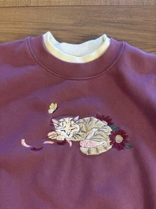 Vintage besticktes Katzen-Sweatshirt mit Steppstich für Damen - Größe Small - Bild 1 von 6