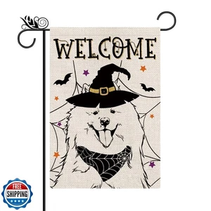 Halloween Garden Flag Samoyed Cobweb Bats Double Sided Vertical Welcome Flag - Picture 1 of 1