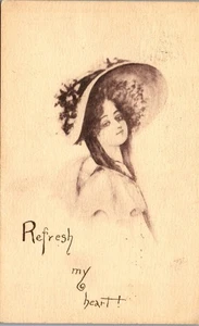 Vintage Postcard Pretty Young Lady Fancy Bonnet Hat Refresh My Heart Posted 1912 - Picture 1 of 3