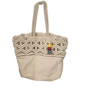 Nanette Lepore Creme Canvas Makramee Tasche Schultertasche mit Quaste Damen L - Bild 1 von 10