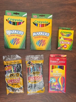 SCHOOL SUPPLIES LOT CRAYONS COLORED PENCILS MARKERS MECHANICAL PENCILS - Image 1 of 4