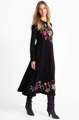 ~*NEW johnny was CREW NECK  embroidered black floral holiday SWING DRESS XS*~ - Image 1 of 4