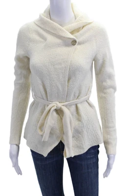 Sleeping On Snow Womens Wool Collared Belted Long Sleeve Cardigan White Size S - Image 1 of 4