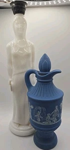 Vintage Avon Skin So Soft Greek Goddess milk glass and Avonshire Blue Pitcher - Picture 1 of 8
