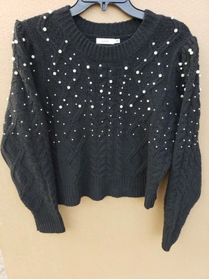 LUSH Cropped Women's Black Pullover Pearl Accents Sweater Large Cable Knit - Image 1 of 4