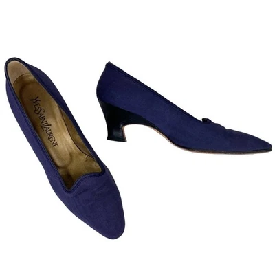 Yves Saint Laurent YSL Vintage Ribbed Navy Silk Pumps 7M Heels 2.25" - Image 1 of 4