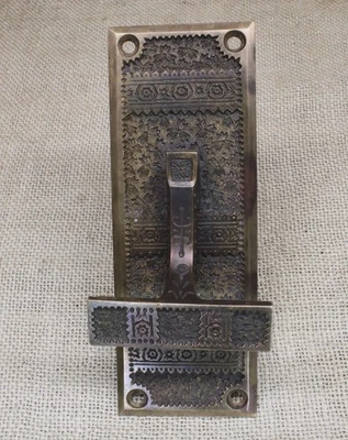 Old Mechanical Doorbell Pull Lever Brass Vintage 1870 Victorian Field of Flowers - Image 1 of 4