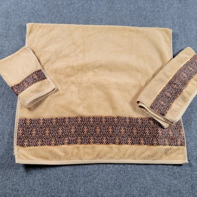 Juego de 3 toallas de baño Waverly vintage con borde de damasco dorado tostado baño lavado a mano algodón Foto 1 de 4