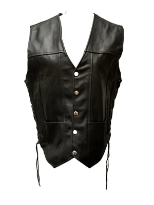 Chaleco de motociclista Alpha Cycle Gear para hombre negro de cuero grueso cierre a presión encaje lateral M Foto 1 de 4