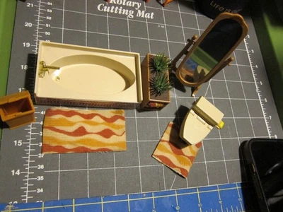 Vintage Tomy Bathroom Set Tub, Toilet, Mirror, Plant Holder w 2 Towels & Rugs - Image 1 of 4