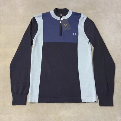 Fred Perry Sweater Mens Small Black Blue Colorblock Knitted Cycling 1/4 Zip Top - Image 1 of 4