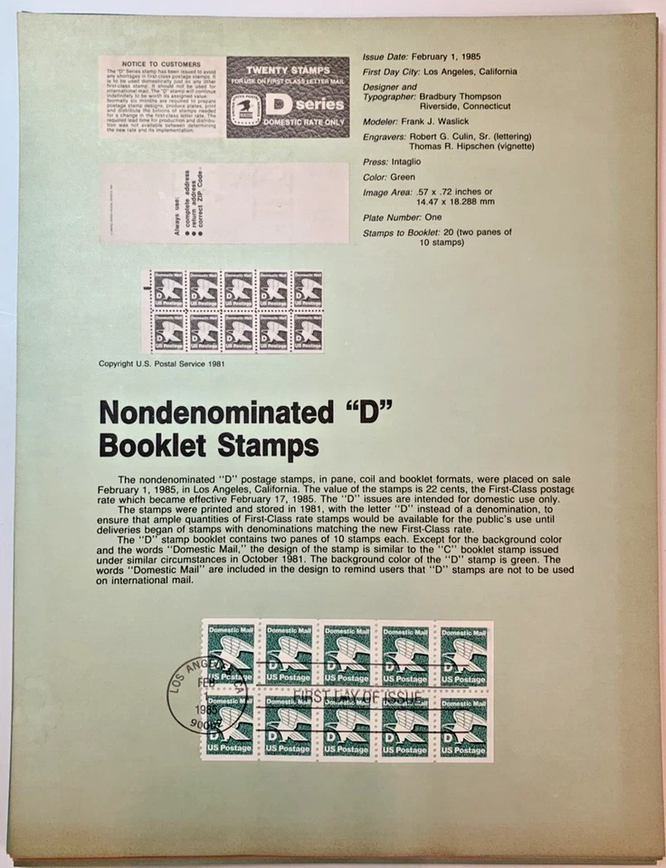 1985 USPS Souvenir Page "D"  (BOOKLET OF 10) #85-04 on Archival Paper - Image 1 of 1