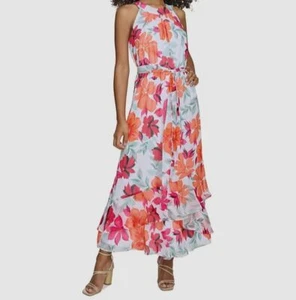 Calvin Klein Women's White/Orange/Red Floral-Print Halter Maxi Dress Size 14 - Picture 1 of 3