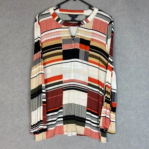 Maggie T Blouse Womens 10 White Black Orange Geometric Striped Keyhole Neck Top - Picture 1 of 7