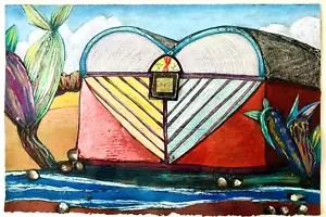 Heart-Shaped Air Stream Boat 21" Desert Landscape Painting Cactus Love Geometric - Picture 1 of 9
