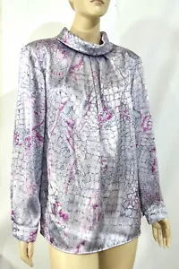 Vintage 80s 90s Slinky Sheen Poly Satin Croc Snake Pink Silver Cowl Blouse 18W - Picture 1 of 7