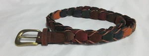 Vintage Women's Size Med Colorful Braided Belt Genuine Leather Brass Hardware - Afbeelding 1 van 7