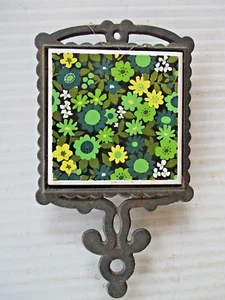 VINTAGE Flower Power JAPAN Footed Cast Iron Tile Trivet - Picture 1 of 3