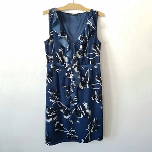 TAHARI Womens 14 Sleeveless Sheath Dress Floral Zip Closure Ruffle V-neck Blue  - Picture 1 of 9