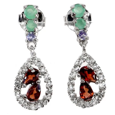925 Sterling Silver Earrings Pear Mozambique Garnet Emerald Gemstone Jewelry - Image 1 of 4