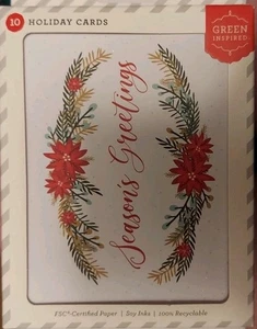 Green Inspired Pack of 10 Holiday Christmas Cards - Season’s Greetings - NEW - Picture 1 of 2