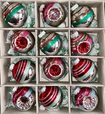 Christopher Radko Shiny Brite 12 Christmas Ornaments 1940’s Design Class Pink - Image 1 of 2