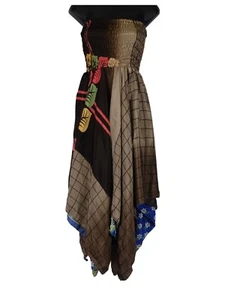 Floral Strapless Summer Dress Two Layer Zig Zag Silk Style Recycled Sari Viscose - Picture 1 of 4