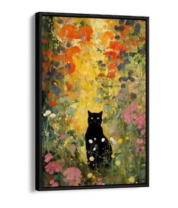 GUSTAV KLIMT BLACK CAT IN GARDEN -FLOAT EFFECT FRAMED CANVAS WALL ART PRINT - Picture 1 of 8