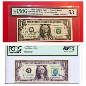 Two $1 bills one with courtesy signature on the left and other on right - Picture 1 of 6