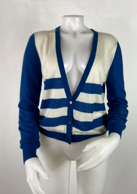 Suéter cárdigan universitario a rayas azul marfil talla mediana Quinn 100 % cachemir Foto 1 de 4