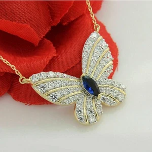 Collar Mariposa Diamante Creado en Laboratorio Marquesa Zafiro Azul Oro Amarillo 14k Fn - Imagen 1 de 6