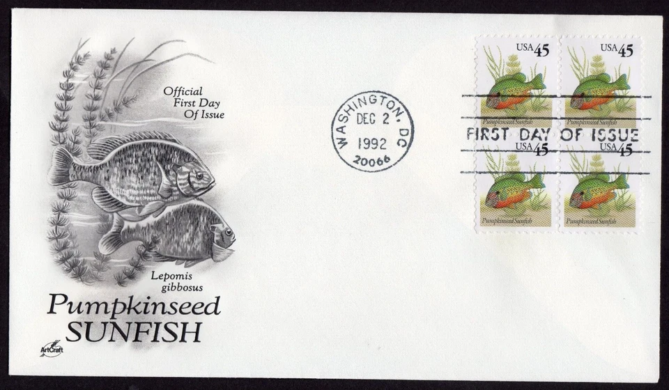Scott #2481 Pumpkinseed Sunfish 12/02/1992 Block of 4 FDC Washington DC Artcraft - Image 1 of 1