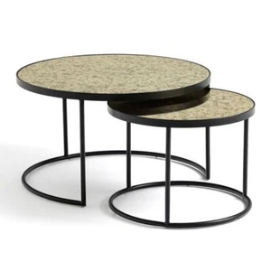 Coffee Table Black Gold Set 2 Small Glass Nesting Style Indoor Diwali Decorate - Picture 1 of 1