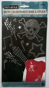 BACK in STOCK! Skull & more Iron-On Rhinestones & Studs Appliques 1 Sheet NIP - Picture 1 of 4
