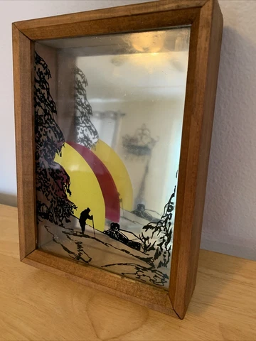Vtg 70s 3D Silk Screen Glass Wood Frame Mirror Wall Decor Skier Sunset 8x6” RARE Cover