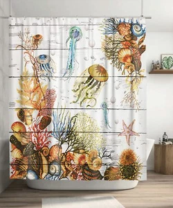 Rustic Nautical Shower Curtain for Bathroom Ocean Jellyfish Seashell Shower C... - Picture 1 of 7