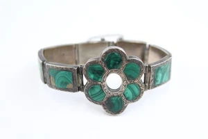 Silver Antique Malachite Bracelet Panel Floral Safety Chain Etched (23g) - Picture 1 of 6
