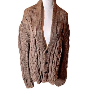 Vintage Fisherman Knit Cardigan Hand Knit Brown Grandpa Sweater Jumper Heavy - Picture 1 of 7